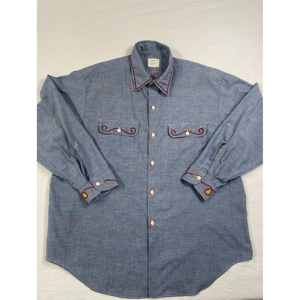 VTG JCPenneys Big Mac Chambray Embroidered‎ Button Up Swing Era Country Club XL